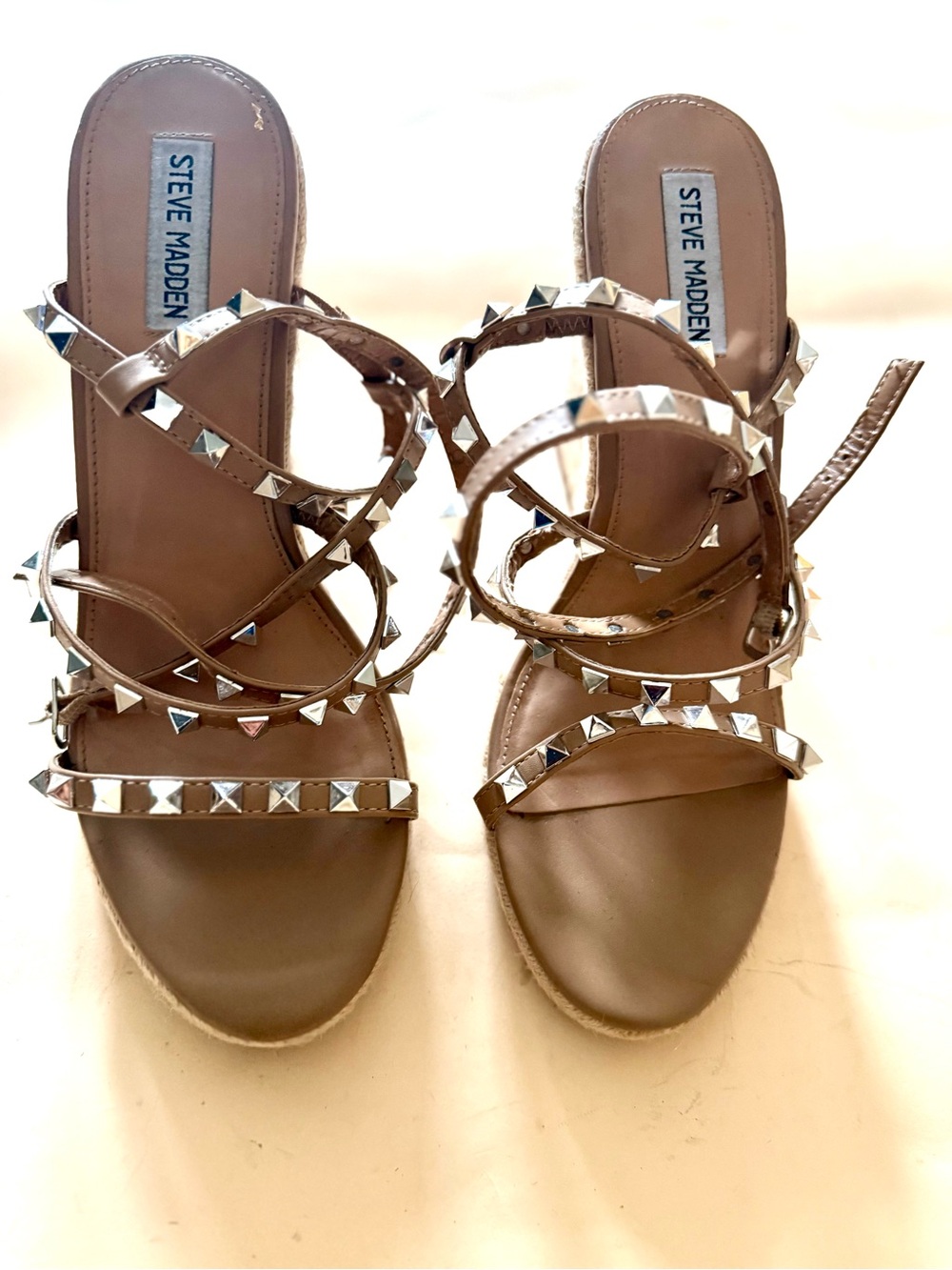 Steve Madden Nude Pyramid-Stud Wedge Sandals - 11